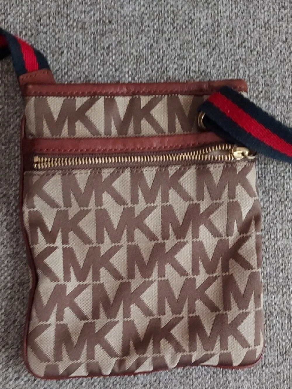 Michael Kors Brown Signature MK Crossbody with Red-Blue Stripe Strap